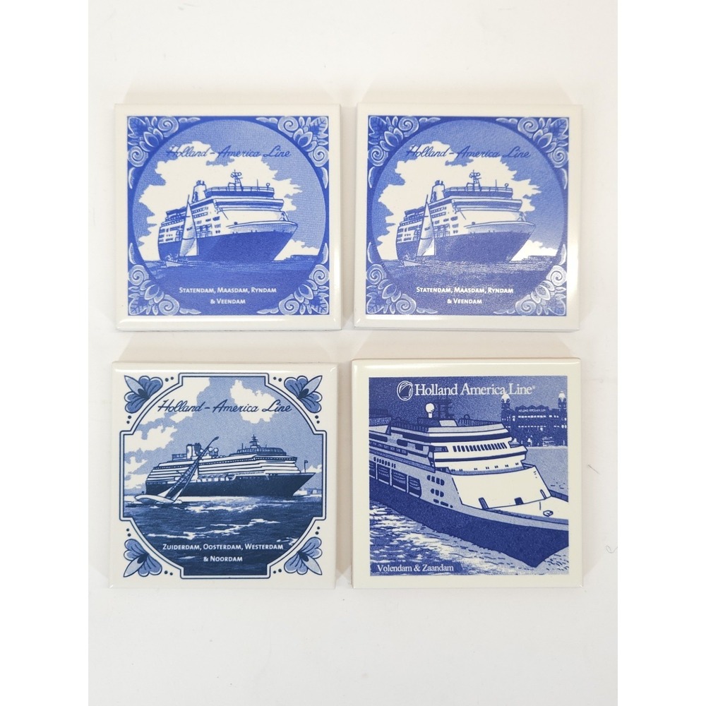Vtg Holland America Line Tile Coaster Delft Blue Maritime Coastal Decorative 4pc
